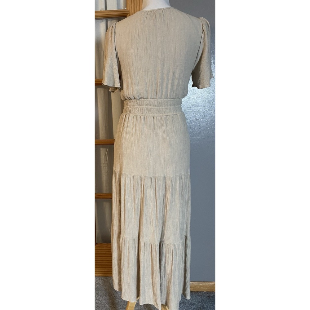 Anthropologie August Sky Tiered Dress Sz L Midi Beige Crinkly Boho Peasant - Picture 3 of 13
